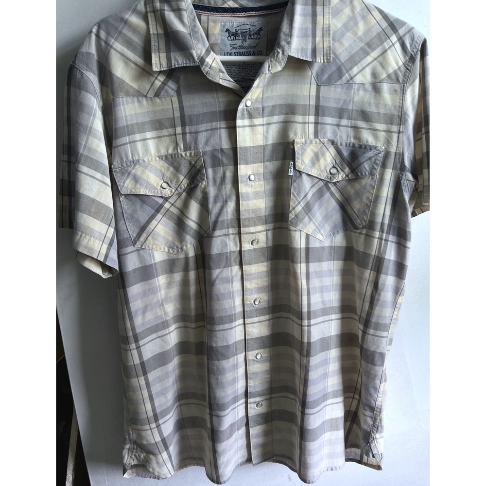 Levis Mens Large Western Pearl Snap Shirt Short Sleeve Plaid Grey Cream 2 Horse
